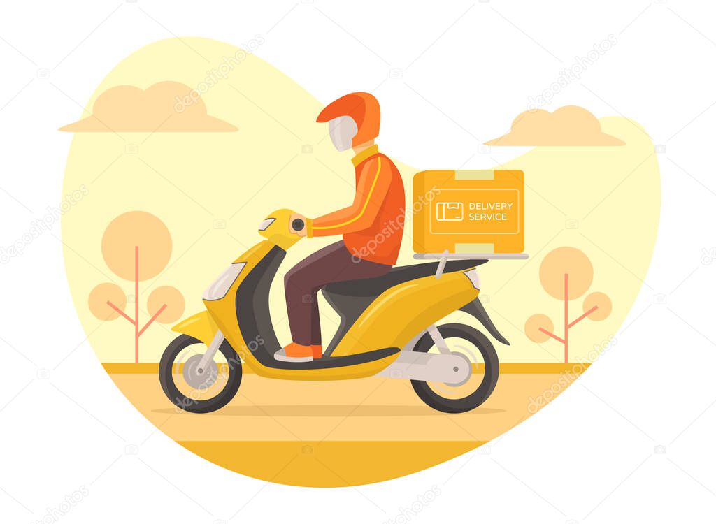 Courier delivery service fast driving scooter, bright weather background modern flat style vector illustration