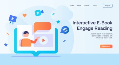 İnteraktif e-kitap, kampanya web sitesi ana sayfası iniş sayfası şablonu için modern düz stil tasarım illüstrasyonuyla okumayı içeriyor