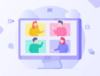 Business web toplantı video konferansı kadın ve erkekler modern düz çizgi film stili vektör tasarımı ile internet teknolojisini tartıştılar