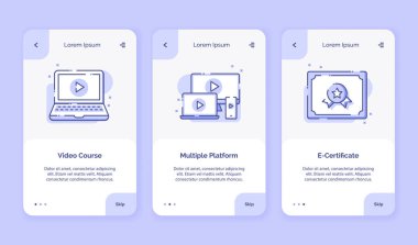 Mobil uygulamalar için çoklu platform e sertifika kampanyası ana hatlı ev iniş sayfası şablonu düz stil tasarım vektör çizimi.