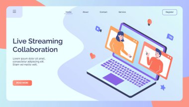 Web sitesi anasayfası için canlı yayın işbirliği anasayfası iniş sayfası afişi tam renkli modern düz tasarım illüstrasyon