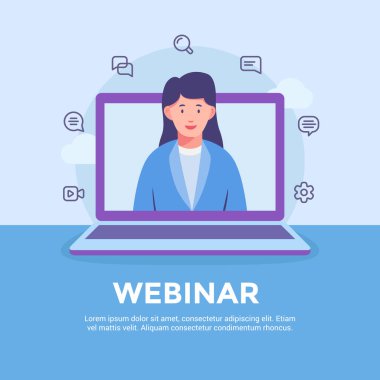 webinar web sitesi modern düz stil dizüstü bilgisayar ekranında kadın ya da kadın öğretmenlik kursları ile çevrimiçi eğitim öğreniyor