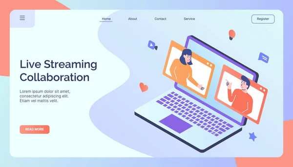 网站主页登陆页横幅全彩风格现代平面设计矢量插图的实时流媒体合作活动 — 图库矢量图片