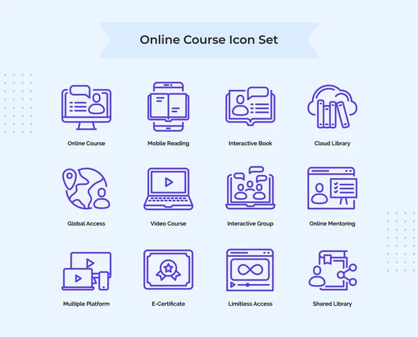 Online Course Icon Set Collection Mobile Reading Interactive Book Cloud — Wektor stockowy