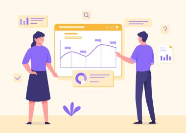 Erkek ve kadın ekranda duruyor ve düz çizgi film stili vektör tasarımı ile istatistiksel verileri analiz ediyor..