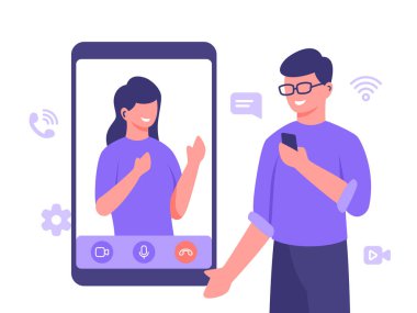 Akıllı telefon takan erkekler ekranda düz çizgi film stili vektör tasarımlı video tele-kız yapıyorlar.