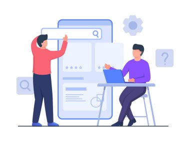 Guy, büyük akıllı telefonda ortakla dizüstü bilgisayar işbirliği üzerine çalışıyor. Düz çizgi film stili vektör tasarımlı uygulama tasarımı yaratıyor..