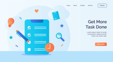 Web sitesi ana sayfası iniş şablonu için karikatür biçimi vektör tasarımı içeren pano kontrol listesi simgesi kampanyası için daha fazla görev yap