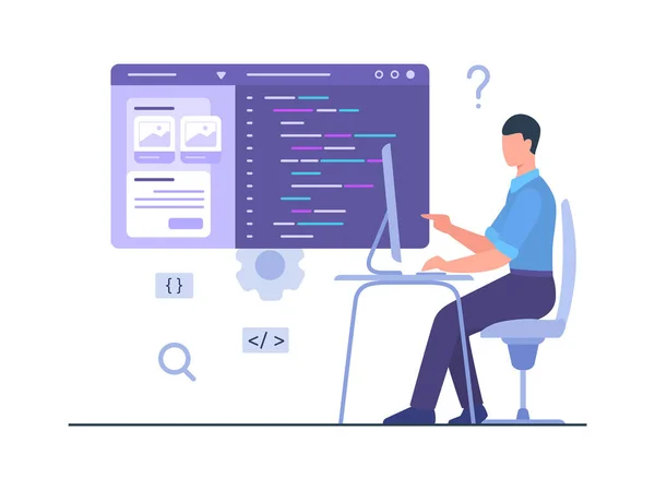 男プログラマー男は フラット漫画スタイルベクトルデザインとコンピュータの開発モバイルアプリを作成する上で椅子の仕事に座る — ストックベクタ