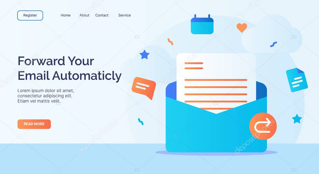 Forward your email automaticly open email icon campaign for web website home page landing template with cartoon style vector design