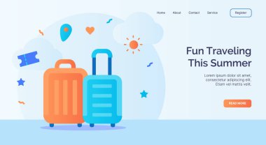Web sitesi ana sayfası iniş şablonu pankartı için karikatür düz stil vektör tasarımı için bu yaz bavul ikonu kampanyası eğlenceli