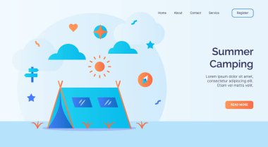 Web sitesi için yaz kampı pusula güneş ikonu kampanyası ana sayfa iniş şablonu pankarikatür düz biçim vektör tasarımı