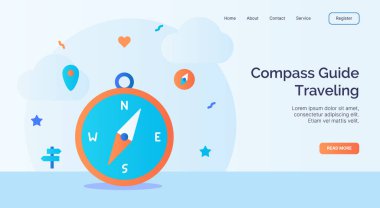 Web sitesi için pusula rehberi gezici simge kampanyası ana sayfa iniş şablonu pankarikatür düz stil vektör tasarımı.