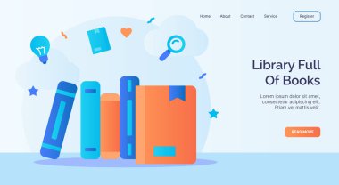 Web sitesi ana sayfası ana şablon iniş afişi için çizgi film düz stil vektör tasarımlı kitap ikonu kampanyasıyla dolu bir kitaplık