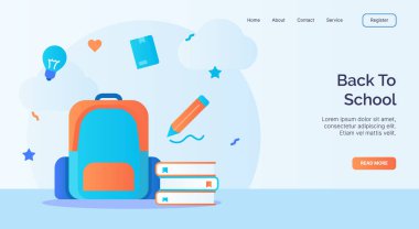 Web sitesi web sitesi ana sayfası iniş şablonu pankartı için karikatür düz stil vektör tasarımı için okul çantasına geri dön