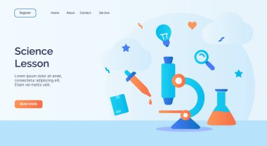 Web sitesi ana sayfası iniş şablonu pankartı için karikatür düz stil vektör tasarımı için bilim dersi mikroskobu pipet tüpü kimyasal ikonu kampanyası