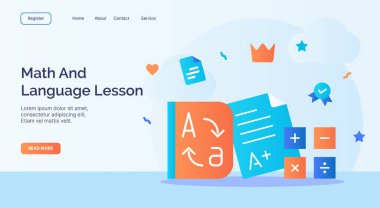Matematik ve dil sözlüğü web sitesi ana sayfa iniş şablonu pankartı için karikatür düz stil vektör tasarımı ile simge kampanyasını hesaplar
