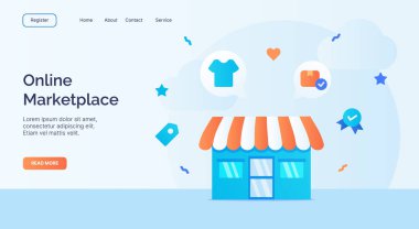 Web sitesi ana sayfası iniş şablonu pankartı için karikatür düz stil vektör tasarımı için çevrimiçi pazar alanı dış cephe mağazası simgesi kampanyası.