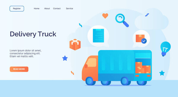 Delivery truck icon campaign for web website home homepage landing template banner with cartoon flat style vector design.