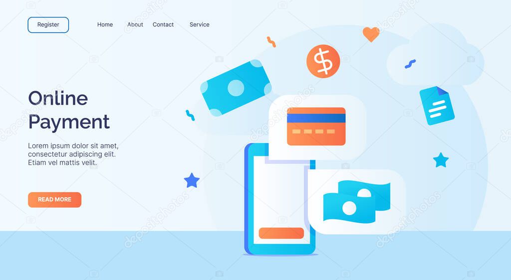 Online payment money card bank smartphone icon campaign for web website home homepage landing template banner with cartoon flat style vector design.