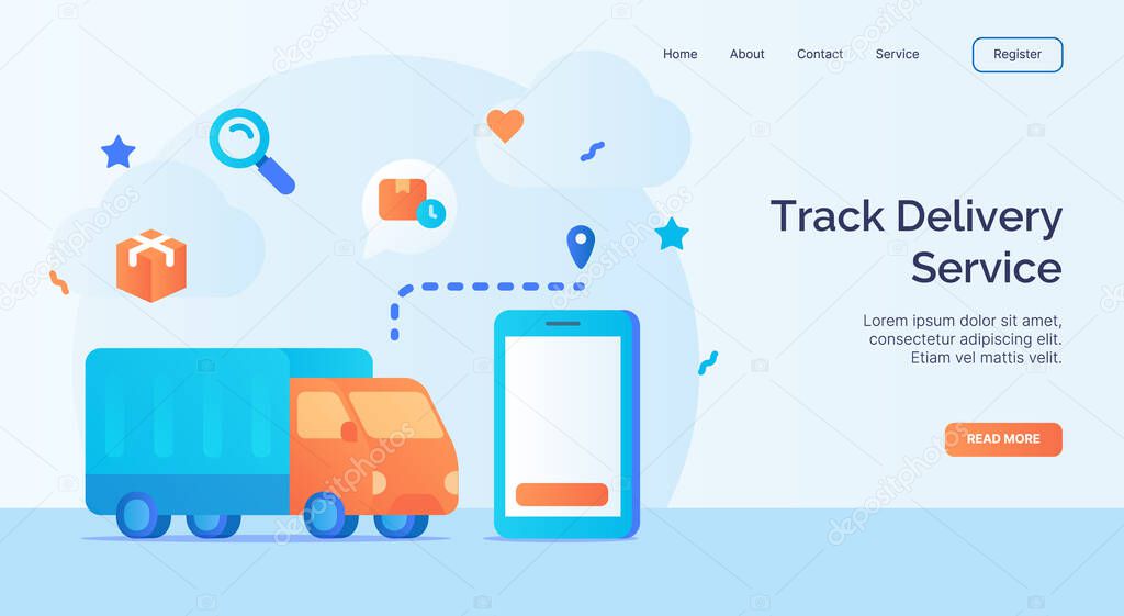 Track delivery service tracking truck using smartphone application icon campaign for web website home homepage landing template banner with cartoon flat style vector design.