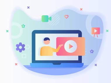 Adam dizüstü bilgisayar ekranı konsept danışmanlık kursunda düz stil vektör tasarımı ile öğretim videosu verdi