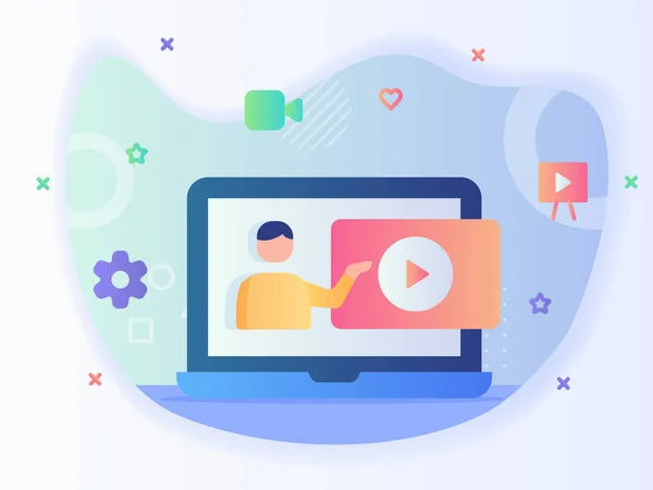 Hombre Dar Video Tutorial Línea Concepto Pantalla Portátil Tutoría Curso — Archivo Imágenes Vectoriales
