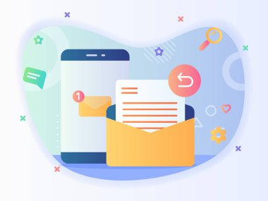 Akıllı telefon ekran cevap konsepti e-posta servisinde düz stil vektör tasarımı içeren yeni ileti
