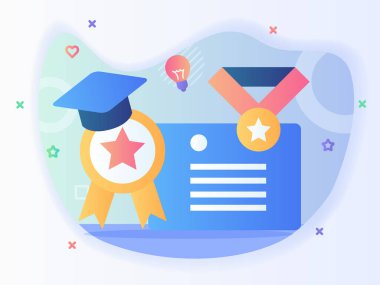 Sertifika simgesi, düz stil vektör tasarımlı madalya sertifikası kurdele başı togası