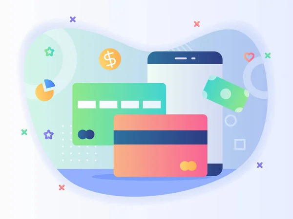 Betalningsinstrument Kredit Bankkort Ansökan Smartphone Kontantlösa Transaktion Koncept Med Platt — Stock vektor
