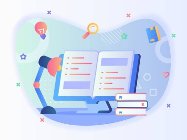 Düz stil vektör tasarımı ile bilgisayar ekranı okuma kitap kavramında önü açık ders kitabı çalışma.