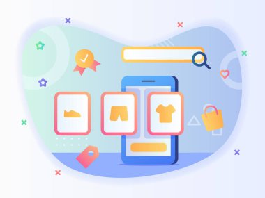 Düz stil vektör tasarımı ile çevrimiçi arama modası akıllı telefon ekranı görünümlü ayakkabılar pantolon konsepti
