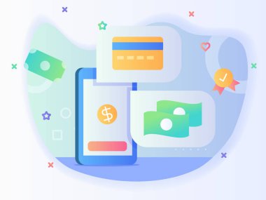 Akıllı telefon ekranı düz stil vektör tasarımı ile parasız işlem banka kartı para kavramı görüntüleme