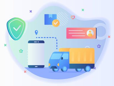 Pigter konumunu takip eden ve uygulamalı akıllı telefon arkaplan kutusu paket profil alıcısı adres kalkanı konsepti olan kamyon düz stil vektör tasarımı ile dağıtım konumu