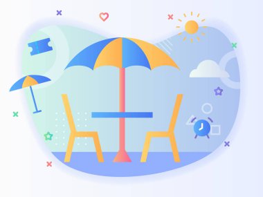 Güneşli hava bulutu kavramının arka planında düz stil vektör tasarımlı sandalye şemsiyesi tatili