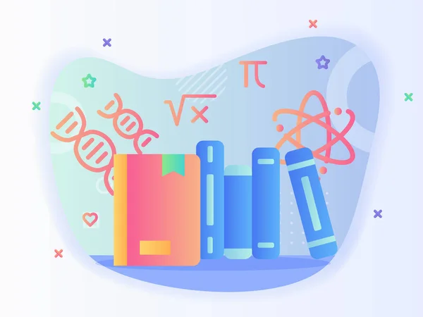 Concept Book Library Background Atom Dna Gene Icon Flat Style — Vetor de Stock