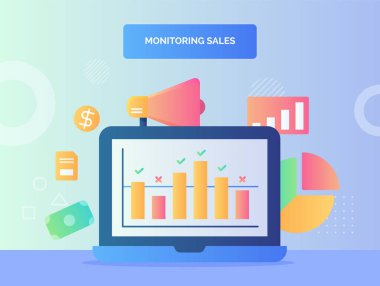 Pasta grafiğinin dizüstü bilgisayardaki çizelgesi para dolar megafon izleme satış konsepti düz stil vektör tasarımı