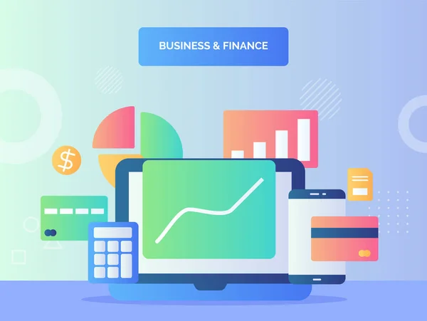Business Finance Koncept Kurva Diagram Datorskärm Bakgrund Kalkylator Smartphone Kort — Stock vektor