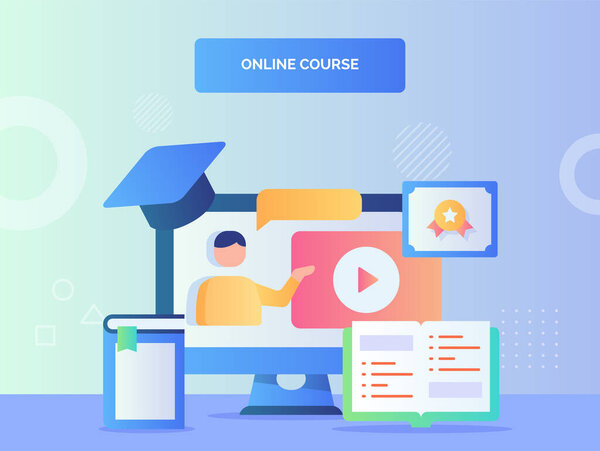Man talk in video tutorial on computer screen background of open book certificate hat toga online course concept with flat style vector design