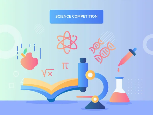 Microscópio Frente Tubo Pipeta Livro Aberto Fundo Químico Ícone Átomo — Vetor de Stock