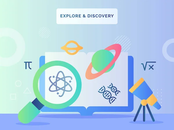 Explorar Descoberta Conceito Lupe Encontrar Átomo Ícone Telescópio Olhar Planeta — Vetor de Stock