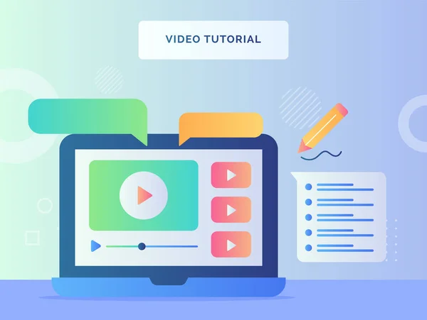 Video Tutorial Koncept Prohlížení Notebooku Přehrávání Video Bublina Talk Instrukce — Stockový vektor