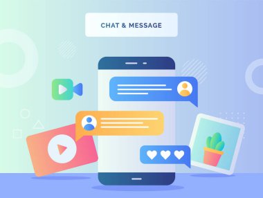 Sohbet mesajı kavramı kaktüs bitkisinin akıllı telefon arka planında düz stil vektör tasarımı ile görüntülü video yorum sembolü.