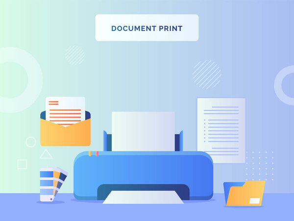Печать документов на фоне открытого почтового файла папки поддонов цветная бумага с плоским дизайном вектора стиля