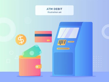 ATM debit illüstrasyon yakınındaki ATM makinesi kart bankası para düz stil vektör tasarımı ile cüzdan içine koymak.