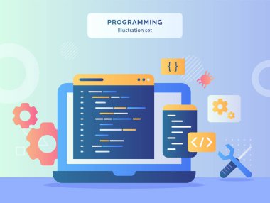 Resimlendirme seti kodlama programı, mekanik sembol ingiliz anahtarı tornavida dişli hatasının dizüstü bilgisayar ekranında düz stil vektör tasarımı ile görüntülenir
