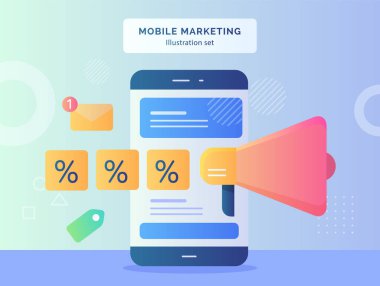 Mobil pazarlama illüstrasyonu yakındaki akıllı telefonu düz stil vektör tasarımı ile etiketleme iletisi bildirisine ayarladı
