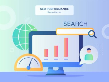 SEO performans illüstrasyonu, arama makinesi grafiğinin İnternet göstergesi hız arkaplanını baloncuk sohbetinde bilgisayar dünyası insan profilini ekranda düz bir şekilde görüntüler