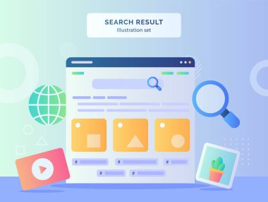Arama sonucu illüstrasyonu, düz stil vektör tasarımı ile video resim lupe monitör bilgisayar arka planında kullanıcı arayüzü ayarladı