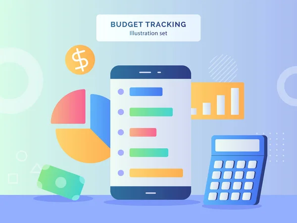Budget Tracking Illustration Set Smartphone Sfondo Della Calcolatrice Grafico Torta — Vettoriale Stock